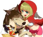  1girl apple basket big_bad_wolf_(grimm) bike_shorts blonde_hair blue_eyes bottle bread food fruit grimm&#039;s_fairy_tales hood little_red_riding_hood little_red_riding_hood_(grimm) milk miyata_souji red_cape shorts solo wolf 