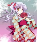  caren_hortensia fan fate/hollow_ataraxia fate/stay_night fate_(series) hair_ribbon japanese_clothes kimono lavender_hair lowres orange_eyes paper_fan polka_dot ribbon shadow shirogane_hina twintails uchiwa 