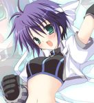  1girl blue_hair headband lowres lyrical_nanoha magical_girl mahou_shoujo_lyrical_nanoha mahou_shoujo_lyrical_nanoha_strikers midriff revolver_knuckle shirogane_hina solo subaru_nakajima zoom_layer 