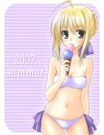  00s 1girl 2007 ahoge bikini blonde_hair cowboy_shot dated fate/stay_night fate_(series) food green_eyes ice_cream ice_cream_cone mika_mikan navel purple_background saber solo swimsuit white_border 