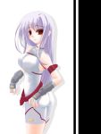  1girl alternate_color ass blush breasts fingerless_gloves frapowa from_side gloves large_breasts long_hair lyrical_nanoha magical_girl mahou_shoujo_lyrical_nanoha mahou_shoujo_lyrical_nanoha_a&#039;s red_eyes reinforce see-through silver_hair solo 