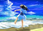  1girl barefoot beach black_hair bottle clouds from_behind long_hair myu ocean original outdoors sky solo standing standing_on_one_leg wading water waves 