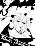  1girl catbell female hat monochrome remilia_scarlet solo touhou upper_body white_background wings 