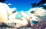  aqua_eyes bikini blonde_hair blush fang lying on_back sakaki_(noi-gren) striped swimsuit 