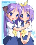 2girls blue_eyes blue_skirt bow bowtie hair_bow hand_on_another&#039;s_shoulder hiiragi_kagami hiiragi_tsukasa looking_at_viewer lucky_star multiple_girls own_hands_together pink_hair ramble sailor_collar school_uniform serafuku short_hair simple_background skirt v_arms white_background yellow_bow yellow_bowtie 