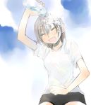  1girl bottle closed_eyes drenching ikeda_jun_(mizutamari) open_mouth pouring shirt smile solo t-shirt water water_bottle wet 