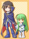  1boy 1girl ahoge black_hair c.c. cape child closed_mouth code_geass expressionless green_hair height_difference jitome lelouch_lamperouge long_sleeves military military_uniform robe standing straitjacket uniform violet_eyes yellow_eyes younger 
