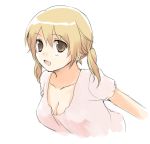  1girl blonde_hair blush breasts brown_eyes cleavage open_mouth simple_background smile solo twintails usashiro_mani white_background 