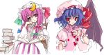  2girls bat_wings blood blood_on_face bloody_clothes blue_hair book bow chin_rest female hair_ribbon long_hair multiple_girls oekaki open_book patchouli_knowledge pink_bow purple_hair red_eyes remilia_scarlet ribbon short_hair touhou tsurusaki_takahiro violet_eyes wings 