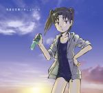  amasawa_yuuko brown_hair dennou_coil glasses jacket lowres one-piece_swimsuit ramune school_swimsuit short_hair sleeves_rolled_up swimsuit twintails 