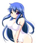 arin blue_hair blush breast_squeeze breasts casual_one-piece_swimsuit chirorian large_breasts leaning_forward long_hair lowres one-piece_swimsuit pangya simple_background swimsuit violet_eyes wink 