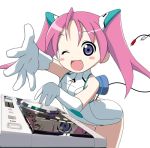  1girl ;d bent_over blue_eyes blush cable foreshortening gloves long_hair looking_at_viewer lowres machinery one_eye_closed open_mouth outstretched_arm pink_hair screen simple_background smile solo tsukigami_runa twintails white_background white_gloves 