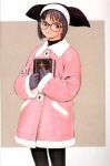  1girl black-framed_eyewear black-framed_glasses black_legwear bob_cut book coat cross fur_trim glasses head_tilt holding holding_book jpeg_artifacts long_sleeves looking_at_viewer murata_renji pantyhose solo standing veil winter_clothes winter_coat 