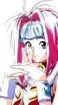  1girl 90s hands_together highres long_hair macross macross_7 mylene_jenius own_hands_together pink_hair smile solo white_background 