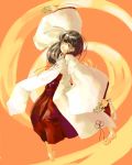  1girl barefoot bell dancing full_body hakama hakama_skirt japanese_clothes jingle_bell kimono long_hair looking_at_viewer miko myu orange_background original outstretched_arms ponytail pose red_hakama red_skirt skirt solo wide_sleeves 