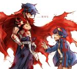  2boys bandage blood blood_on_face blue_hair bodypaint cape core_drill drill goggles goggles_on_head hands_in_pockets kamina male_focus manly manly_tears multiple_boys open_clothes open_shirt sarashi shirt shirtless simon tears tengen_toppa_gurren_lagann translated white_background 