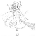  1girl :d animal_ears blush broom cat_ears cat_tail catbell detached_sleeves dress female full_body hakurei_reimu holding long_hair looking_at_viewer monochrome open_mouth simple_background smile solo standing tail touhou white_background 