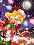  2girls blonde_hair building catbell closed_eyes fang female flandre_scarlet full_moon hat hong_meiling long_hair looking_at_viewer moon multiple_girls night night_sky open_mouth puffy_short_sleeves puffy_sleeves red_eyes red_skirt redhead short_sleeves skirt sky smile star star_(sky) starry_sky the_embodiment_of_scarlet_devil touhou v_arms 