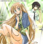  1boy 1girl :o adjusting_glasses bare_legs bespectacled black-framed_eyewear black-framed_glasses black_hair blush boots brown_boots brown_hair code_geass collared_shirt dress_shirt glasses green_eyes knee_boots lelouch_lamperouge long_hair looking_at_viewer parted_lips shirley_fenette shirt short_sleeves very_long_hair white_shirt 
