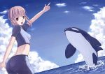  blonde_hair brown_eyes kimidorin orca original sky swimsuit water whale 