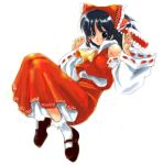  1girl aokawa_daisuke ascot black_eyes black_hair blush bow detached_sleeves female full_body hair_bow hair_tubes hakurei_reimu imperishable_night shoes short_hair simple_background skirt skirt_set socks solo touhou wide_sleeves 