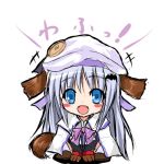  1girl animal_ears blue_eyes bow buttons dog_ears dog_tail fangs hat large_buttons little_busters!! long_hair lowres noumi_kudryavka pink_bow ryuushou silver_hair solo squatting tail 