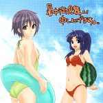  2girls asakura_ryouko bikini food fruit holding holding_fruit innertube lowres multiple_girls nagato_yuki oekaki shochuumimai suzumiya_haruhi_no_yuuutsu swimsuit translated watermelon 