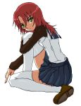  00s 1girl backlighting blue_skirt full_body green_eyes hair_between_eyes long_sleeves md5_mismatch my-hime oekaki pleated_skirt redhead sitting skirt solo thigh-highs white_background white_legwear yakibuta yuuki_nao zettai_ryouiki 