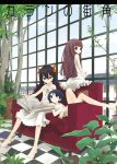  3girls bare_legs bare_shoulders barefoot blue_eyes blue_hair book brown_hair checkered checkered_floor city clouds couch dress feet female floor greenhouse kusano_houki legs long_hair lying multiple_girls original perspective plant potted_plant red_upholstery redhead sitting sky smile sundress tree twintails white_dress window 