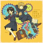  1boy 1girl book brown_hair clock fukamachi_kazuo gears mat. roman_numerals school_uniform serafuku smile toki_wo_kakeru_shoujo yoshiyama_kazuko 