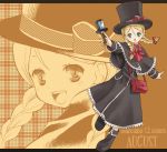  1girl :d august_(coyote_ragtime_show) bag black_dress blonde_hair blue_eyes bow bowtie braid capelet coyote_ragtime_show dress full_body handbag hat long_sleeves looking_at_viewer open_mouth over_shoulder red_bow red_bowtie short_hair smile solo takano_natsuki top_hat twin_braids 