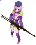  1girl black_eyes breasts cleavage goggles goggles_around_neck gun hat open_mouth original purple_hair rifle simple_background solo teeth tensugi_takashi weapon white_background 
