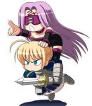  2girls blindfold blonde_hair fate/stay_night fate_(series) kishi_nisen multiple_girls parody piggyback pointing rider saber sword thigh-highs weapon 