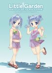  2girls blue_background blue_eyes blue_hair dress full_body leg_up looking_at_viewer multiple_girls original purple_dress sandals short_hair shorts siblings simple_background sisters standing standing_on_one_leg takigawa_yuu twins 