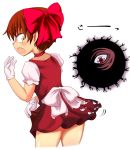  1girl :o apron backbeard bow dress eyeball gegege_no_kitarou monster nekomusume one-eyed open_mouth pink_bow puffy_short_sleeves puffy_sleeves red_dress sasago_kaze short_sleeves simple_background solo surprised touei waist_apron white_background wide-eyed 