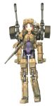  1girl :d blush brown_eyes brown_hair busou_shinki cannon fort_bragg full_body looking_at_viewer machinery mecha_musume mechanical_arm mechanical_legs open_mouth sabamu simple_background smile solo turret white_background 