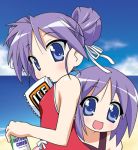  2girls alternate_hairstyle chirorian double_bun hiiragi_kagami hiiragi_tsukasa lowres lucky_star mouth_hold multiple_girls one-piece_swimsuit siblings sisters swimsuit twins 