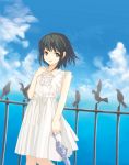  1girl black_hair blue_sky brown_eyes clouds dasoku_sentarou day dress fence horizon looking_at_viewer ocean original short_hair sky sleeveless sleeveless_dress solo standing summer sundress water white_dress 