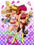  6+girls armband belt blonde_hair blue_eyes boots breasts checkered cleavage cosplay crop_top cutie_honey cutie_honey_(character) cutie_honey_(character)_(cosplay) cutie_honey_(cosplay) dual_persona gloves hairband hand_holding hand_on_hip heart heart_cutout hips hits kisaragi_honey kisaragi_honey_(cosplay) long_hair magical_girl midriff miniskirt multiple_girls multiple_persona neon_genesis_evangelion one_eye_closed orange_hair parody pink_hair redhead skirt souryuu_asuka_langley time_paradox watch watch wink 