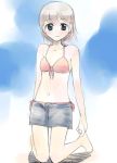  1girl barefoot bikini feet female ikeda_jun_(mizutamari) kneeling original outdoors shorts sky solo swimsuit toes 
