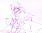  1girl bow_(weapon) fingerless_gloves gloves kagura_yuuto levantine lyrical_nanoha magical_girl mahou_shoujo_lyrical_nanoha mahou_shoujo_lyrical_nanoha_strikers monochrome ponytail purple signum sketch solo waist_cape weapon 