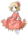  1girl aki_shizuha blonde_hair dress dress_lift female hair_ornament leaf leaf_hair_ornament leaf_on_head lowres object_on_head red_dress short_hair solo touhou yellow_eyes 