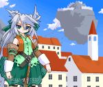  1girl belt blue_eyes bow female floating_island hair_bow long_hair lowres mof mof&#039;s_silver_haired_twintailed_girl oekaki original outdoors silver_hair skirt sky solo twintails very_long_hair weapon 