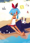  1girl beach dress flat_chest harada_takehito original pleinair pointy_ears popsicle rabbit red_eyes ribbon same-san shark short_dress stuffed_animal stuffed_toy usagi-san water 