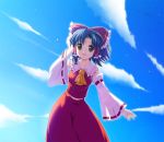  1girl arm_up ascot bird black_hair blue_skirt bow brown_eyes clouds cloudy_sky detached_sleeves female hair_bow hair_tubes hakurei_reimu hand_to_head long_skirt looking_at_viewer maroppe midriff navel open_mouth outdoors red_bow red_ribbon red_skirt ribbon ribbon-trimmed_sleeves ribbon_trim sidelocks skirt skirt_set sky smile solo touhou vest 