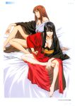  2girls absurdres armband barefoot bed black_hair blue_eyes breasts brown_eyes brown_hair cleavage downblouse highres horibe_hiderou japanese_clothes kimono multiple_girls nail_polish no_bra original smile yours_(art_book) 