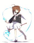  1girl 90s abimaru card card_captor_sakura child footwear fuuin_no_tsue holding holding_card kinomoto_sakura magic magical_girl mary_janes school_uniform serafuku shoes socks solo 