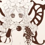  1girl braid finger_to_mouth flower food fruit grapes hands holding looking_at_viewer mercedes monochrome odin_sphere pink pointy_ears solo takanashi twin_braids wings 