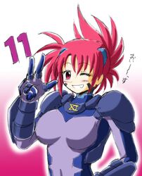  1girl armor bodysuit collar covered_navel facial_mark grin lyrical_nanoha mahou_shoujo_lyrical_nanoha mahou_shoujo_lyrical_nanoha_strikers number numbers_(nanoha) one_eye_closed pink_hair red_eyes short_hair shoulder_pads simple_background skin_tight smile solo twintails upper_body waving wendi_(nanoha) white_background 