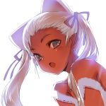  1girl animal_ears bare_shoulders blush cat_ears dark_skin hair_ribbon hair_slicked_back kawata_hisashi looking_at_viewer open_mouth original ribbon simple_background solo twintails upper_body white_background white_hair 